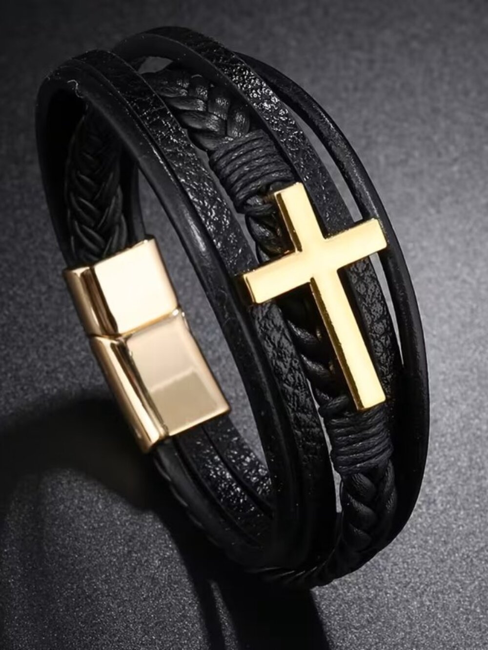 Men's Gold Cross w/ Black Bracelet Christian Faith Religious Jesus Wristband